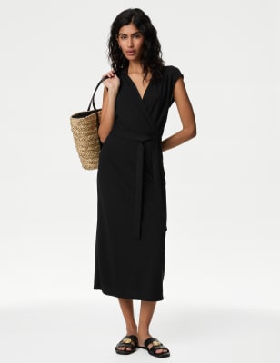 

M&S Collection Vestido cruzado a media pierna con cuello de escote en pico de puntoWomens - Black, Black