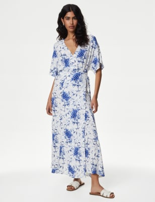 

Womens M&S Collection Geblümtes Maxi-Wickelkleid mit V-Ausschnitt und Bindegürtel - Blue Mix, Blue Mix
