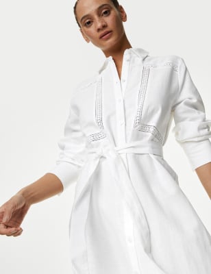 

Womens M&S Collection Midi-Shirtkleid mit hohem Baumwollanteil, Kragen und Gürtel - Soft White, Soft White
