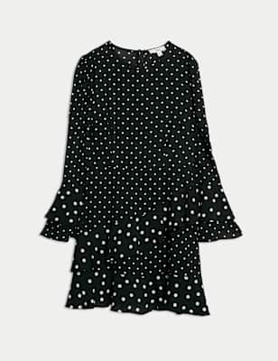 

Womens M&S Collection Spot Print Ruffle Mini Skater Dress, Black Mix