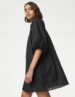 

M&S Collection Minivestido fruncido de manga abullonada de linoWomens - Black, Black