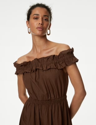 

Womens M&S Collection Pure Cotton Bardot Midaxi Waisted Dress - Chocolate, Chocolate