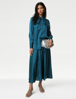 

Womens M&S Collection Midi Satin A Line Skirt - Teal, Teal