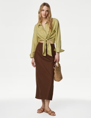 

Womens M&S Collection Linen Blend Midaxi Slip Skirt - Brown, Brown