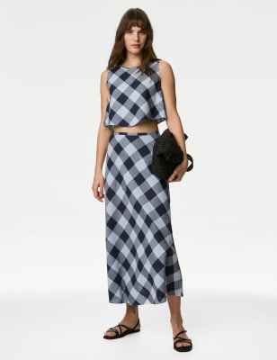 

M&S Collection Falda a maxi de lino de cuadros de corte en AWomens - Blue Mix, Blue Mix
