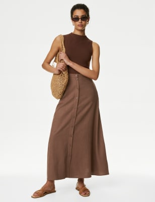 

Womens M&S Collection Linen Blend Button Front Midaxi Column Skirt - Soft Spice, Soft Spice
