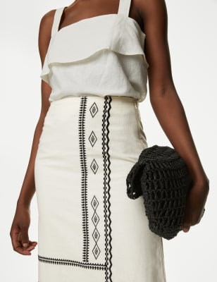 

Womens M&S Collection Bestickter Midaxirock mit hohem Leinenanteil - Ivory, Ivory
