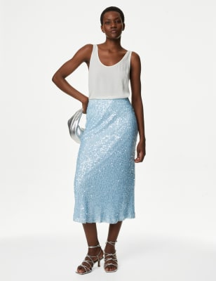 

Womens M&S Collection Maxirock aus Satin zum Hineinschlüpfen - Blue, Blue