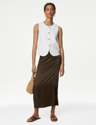 

M&S Collection Falda estilo combinación a media pierna de satén con detalle de costuraWomens - Chocolate, Chocolate