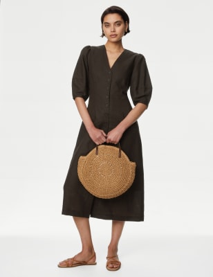 

Womens M&S Collection Midi-Teekleid mit hohem Leinenanteil und V-Ausschnitt - Chocolate, Chocolate