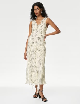 

Womens M&S Collection Polka Dot V-Neck Ruffle Midaxi Column Dress - Ivory Mix, Ivory Mix