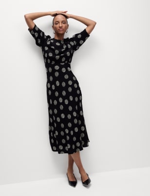 

Womens M&S Collection Printed Round Neck Midaxi Column Dress - Black Mix, Black Mix