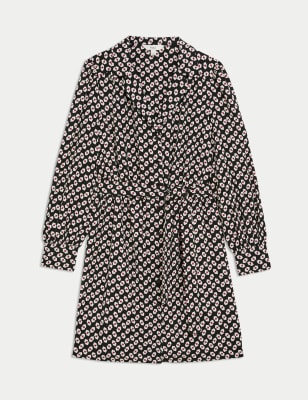 

Womens M&S Collection Printed Collared Tie Waist Mini Shirt Dress - Black Mix, Black Mix