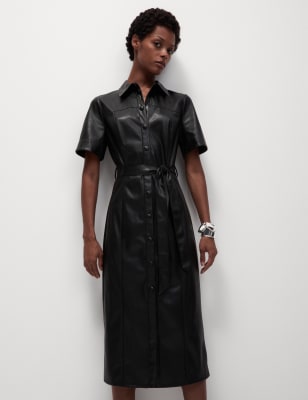 

Womens M&S Collection Faux Leather Belted Midaxi Shirt Dress - Black, Black