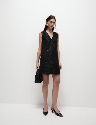 

Womens M&S Collection Sparkly V-Neck Mini Shift Dress - Black, Black