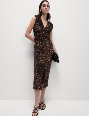 

Womens M&S Collection Sequin V-Neck Midi Column Dress - Brown, Brown