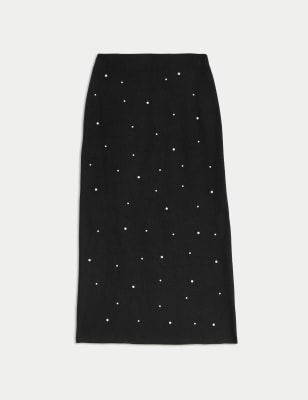 

Womens M&S Collection Cotton Blend Embellished Midi Pencil Skirt - Black, Black