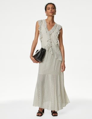 

Womens M&S Collection Schmales Maxikleid mit Volants, V-Ausschnitt und Punktmuster - Ivory Mix, Ivory Mix