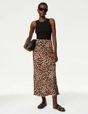 Marks Spencer Animal Print Maxi Slip Skirt Black Mix 12 LNG