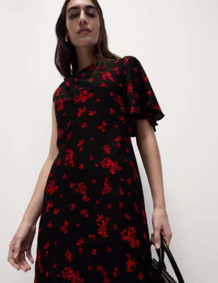 

Womens M&S Collection Schmales Midikleid mit Rundhalsausschnitt und Blumenmuster - Black Mix, Black Mix