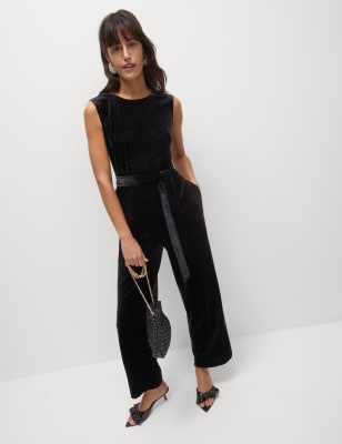 

Womens M&S Collection Velvet Embellished Tie Front Sleeveless Jumpsuit - Black, Black