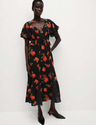 

Womens M&S Collection Floral Print Pleat Detail Midi Tea Dress - Black Mix, Black Mix