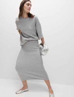 

Womens M&S Collection Schmaler Midaxirock mit Baumwolle und Verzierung - Grey, Grey
