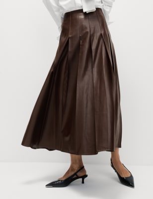 

Womens M&S Collection Leather Look Pleated Midaxi A-Line Skirt - Conker, Conker