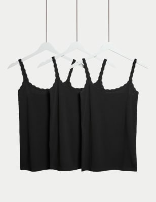 

Womens M&S Collection 3pk Cotton Rich Lace Trim Vests, Black