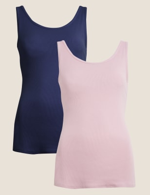 M&S Women's 2 Pack Cotton Rich Secret Support Vests - 14 - Watermelon, Green Mix,White Mix,Watermel