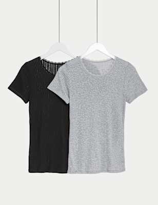 

Womens M&S Collection 2pk Thermal Short Sleeve Pointelle Tops - Black Mix, Black Mix