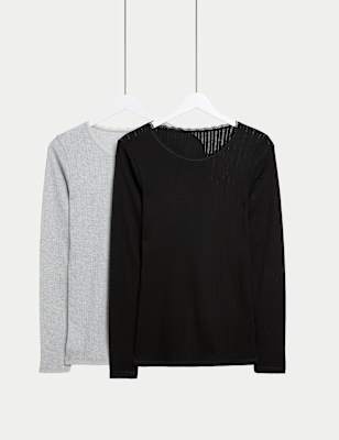 

Womens M&S Collection 2er-Pack langärmlige Pointelle-Thermo-Oberteile - Black Mix, Black Mix