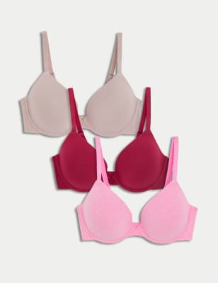 

Womens M&S Collection 3pk Wired Plunge T-Shirt Bras A-E - Dark Cranberry, Dark Cranberry