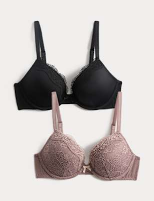 Womens M&S 2 Pack Jasmine Lace Wired Plunge Bras A-E, Praline