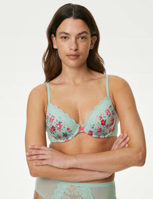 

Womens M&S Collection Printed Lace Trim Wired Plunge Bra A-E - Aqua Mix, Aqua Mix