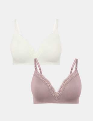 Womens M&S 2pk Jasmine Lace Trim Maternity Nursing Bra B-G, White Mix