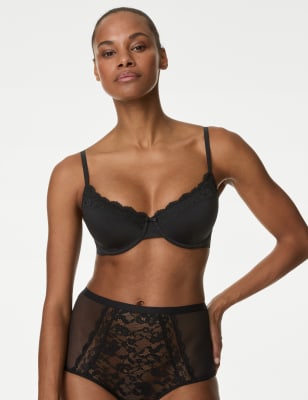 

Womens M&S Collection Lace Trim Wired Demi Cup Bra A-E - Black, Black