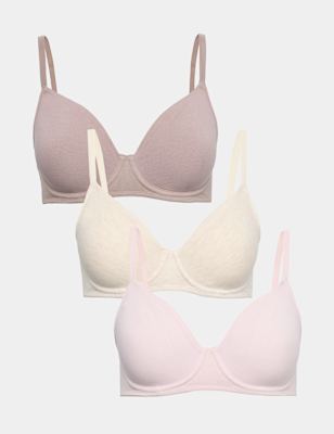 Womens M&S 3 Pack Cotton Rich Wired Full Cup Bras A-E, Oatmeal Mix