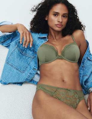Womens M&S Jasmine Lace Wired Demi Cup Bra A-E, Khaki