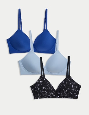 M&S Collection Women's 3pk Cotton Rich Non Wired T-Shirt Bras (A-E) - 34C - Cornflower Mix, Cornflow