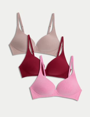 

Womens M&S Collection 3pk Non Wired Plunge T-Shirt Bras A-E - Dark Cranberry, Dark Cranberry