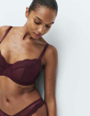 Womens M&S Jasmine Lace Wired Balcony Bra F-H, Dark Wine