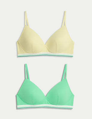 

Womens M&S Collection 2pk Non Wired Cotton Rich Ribbed First Bras AA-D - Green Mix, Green Mix