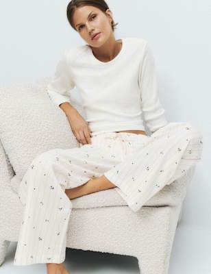 Womens M&S Cotton Rich Floral Pyjama Bottoms, Ivory Mix