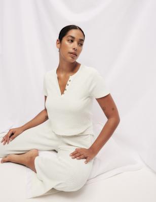 

Womens M&S Collection Cropped Cotton Blend Waffle Henley Pyjama Set, Ivory