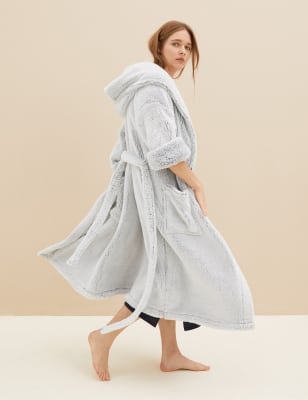 M&S Women's Fleece Hooded Dressing Gown - M - Grey, Grey,Slate Blue