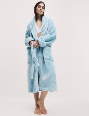 

Womens M&S Collection Fleece Faux Fur Trim Dressing Gown - Faded Blue, Faded Blue