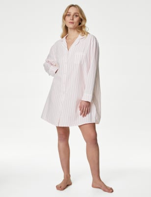 

Womens Body by M&S Gestreiftes Nachthemd aus reiner Baumwolle mit Cool Comfort™ - Soft Pink, Soft Pink