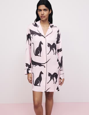 

Womens M&S X OLIVIA VON HALLE The Cat Print Nightshirt, Pink Mix