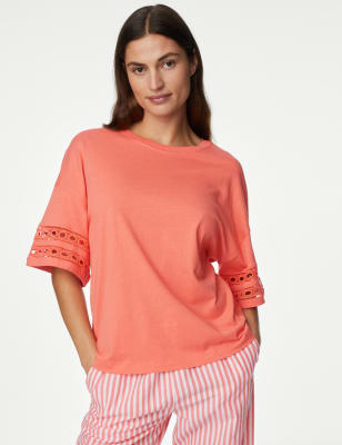 

Womens M&S Collection Cotton Modal Embroidered Pyjama Top - Bright Coral, Bright Coral